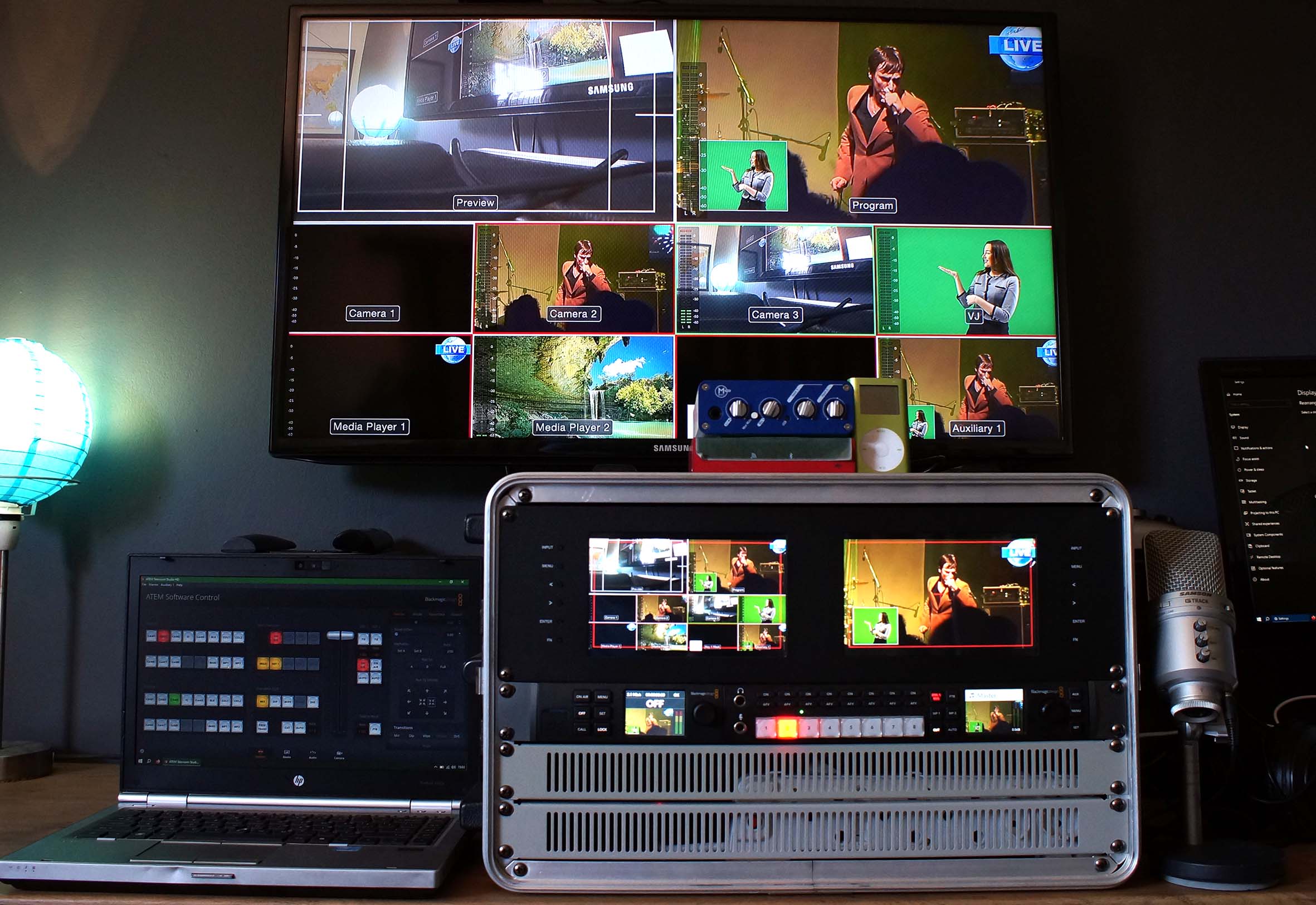 Video Live streaming equipment kit, including Web Presenter, TV Studio HD, Monitor and Control terminal 